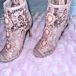 bebe Pink Lace Ankle Heels